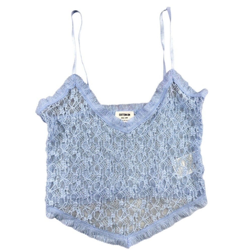 Cotton On Womens Blue Sheer Floral Lace Cami Top V-Neck Ruffle Trim Size XS